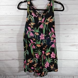 LF Tropical Floral Print Romper Lace Up Back Black